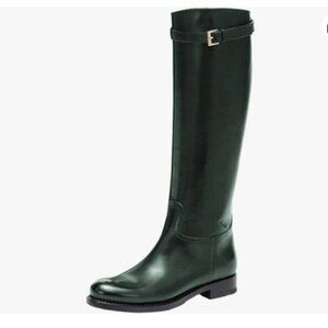 FSJ Women Regular Round Toe Flat Riding Knee High Boots Wide Calf Buckled Green